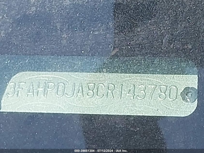 2012 Ford Fusion Sel VIN: 3FAHP0JA8CR143780 Lot: 39851304