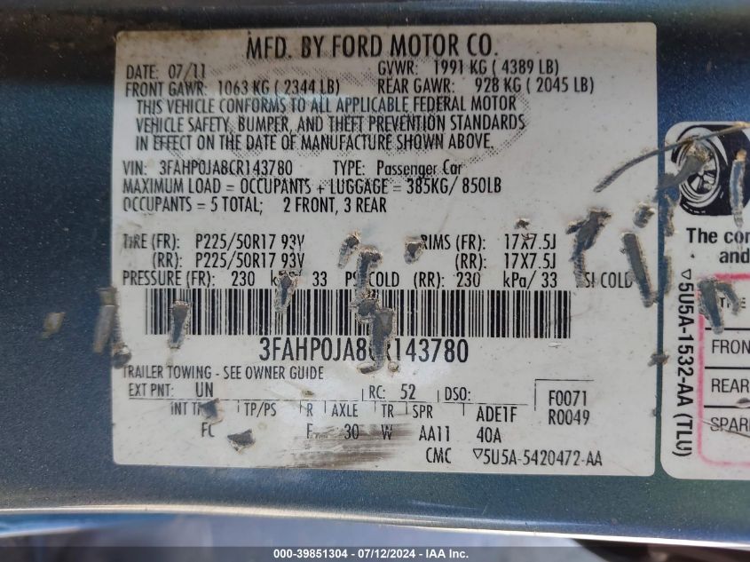 2012 Ford Fusion Sel VIN: 3FAHP0JA8CR143780 Lot: 39851304