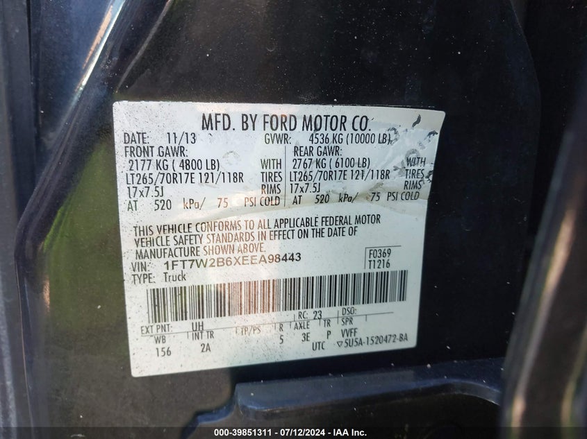 2014 Ford F250 Super Duty VIN: 1FT7W2B6XEEA98443 Lot: 39851311