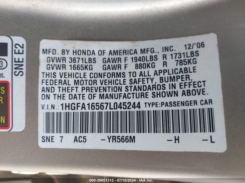2007 Honda Civic Lx VIN: 1HGFA16567L045244 Lot: 39851312