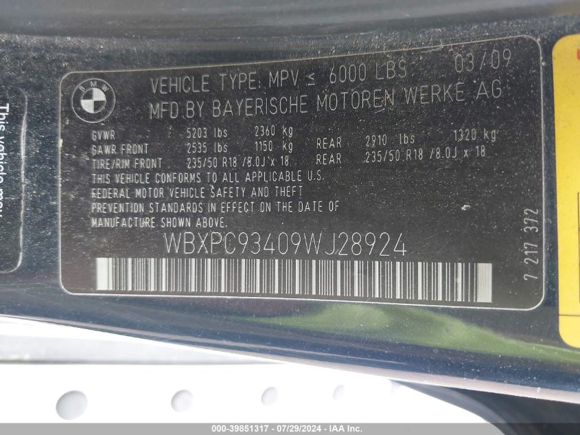 WBXPC93409WJ28924 2009 BMW X3 xDrive30I