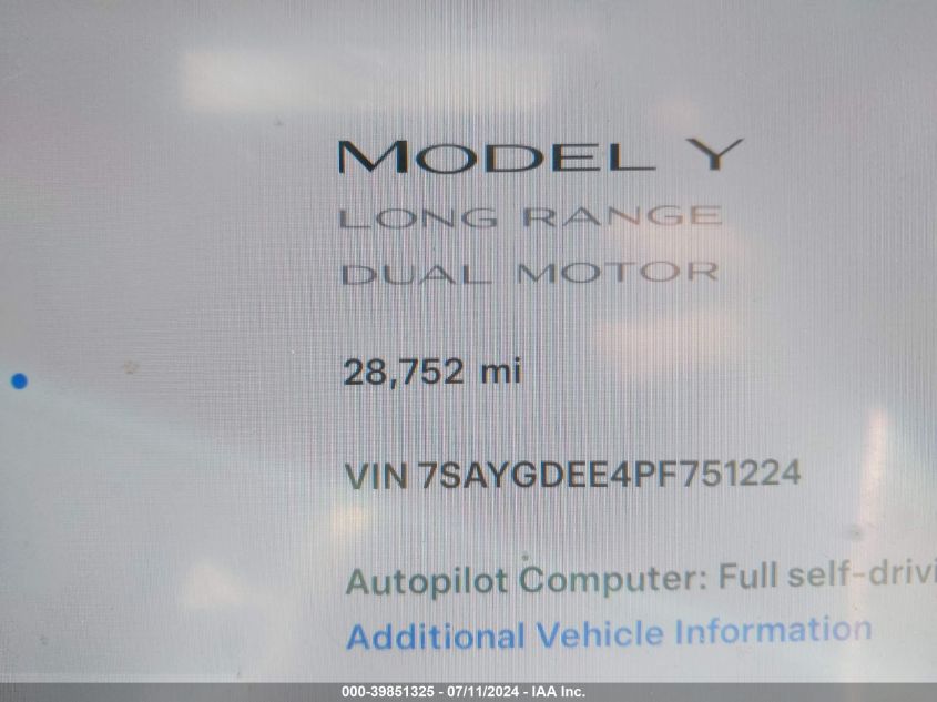 2023 Tesla Model Y Awd/Long Range Dual Motor All-Wheel Drive VIN: 7SAYGDEE4PF751224 Lot: 39851325