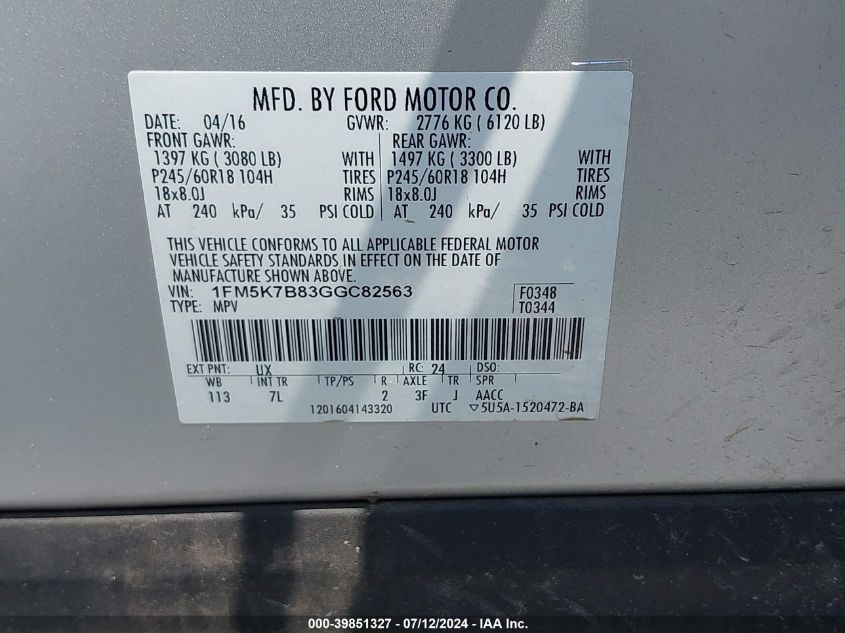 2016 Ford Explorer VIN: 1FM5K7B83GGC82563 Lot: 39851327