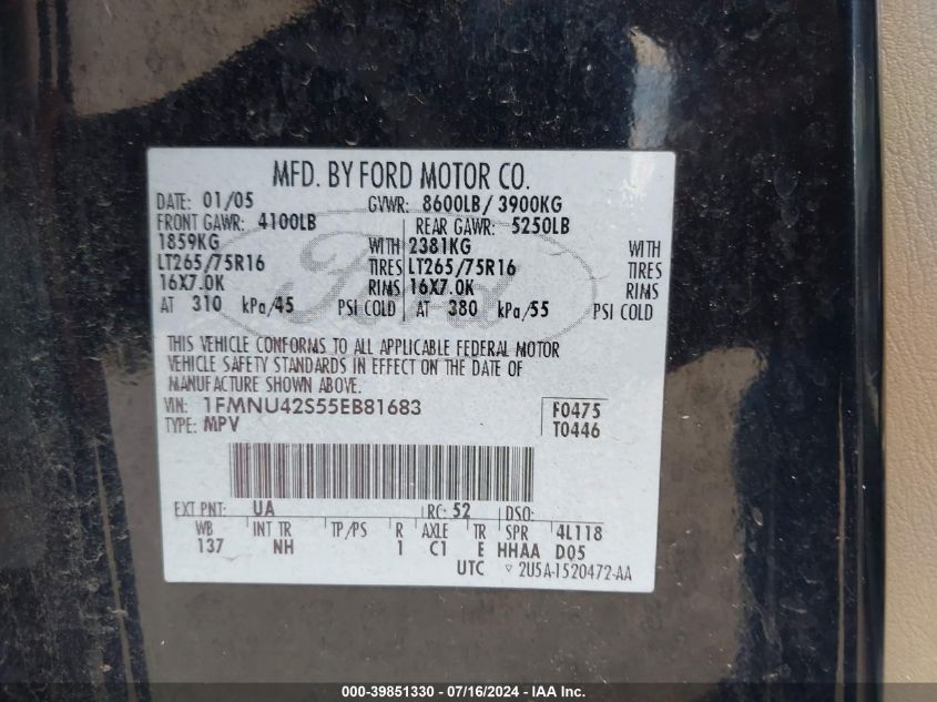 2005 Ford Excursion Limited VIN: 1FMNU42S55EB81683 Lot: 39851330