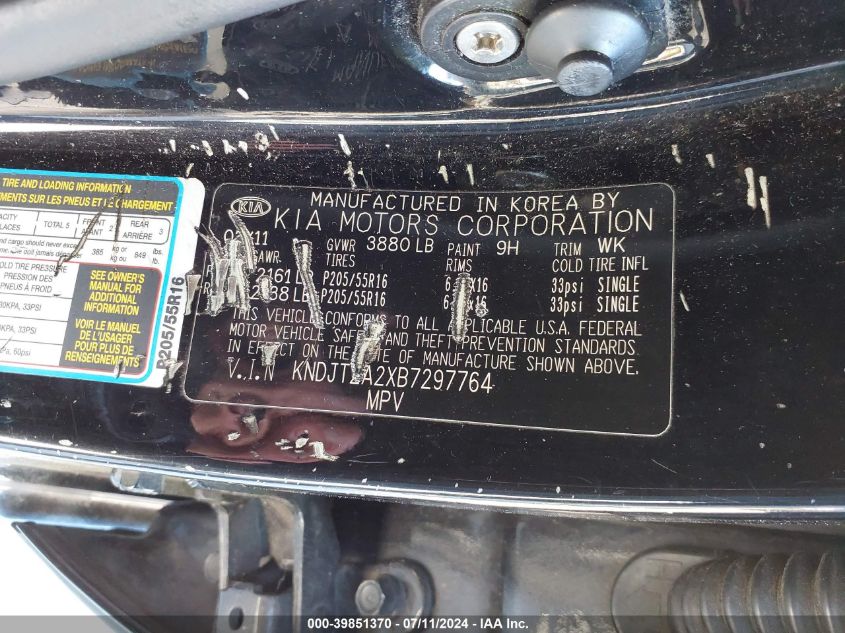 2011 Kia Soul + VIN: KNDJT2A2XB7297764 Lot: 39851370