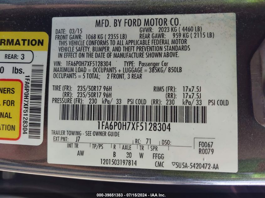 2015 Ford Fusion Se VIN: 1FA6P0H7XF5128304 Lot: 39851383