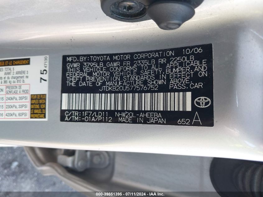 2007 Toyota Prius VIN: JTDKB20U577576752 Lot: 39851395