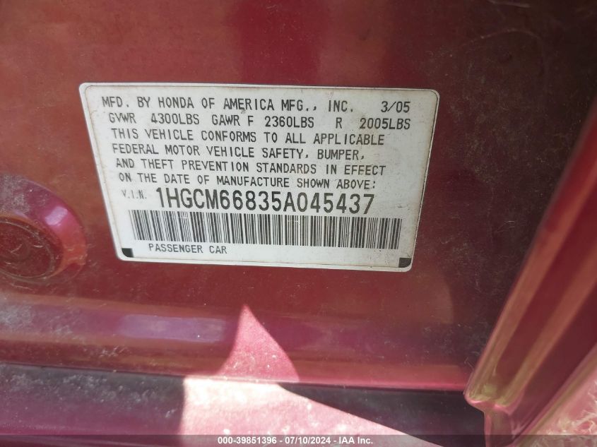 2005 Honda Accord 3.0 Ex VIN: 1HGCM66835A045437 Lot: 39851396