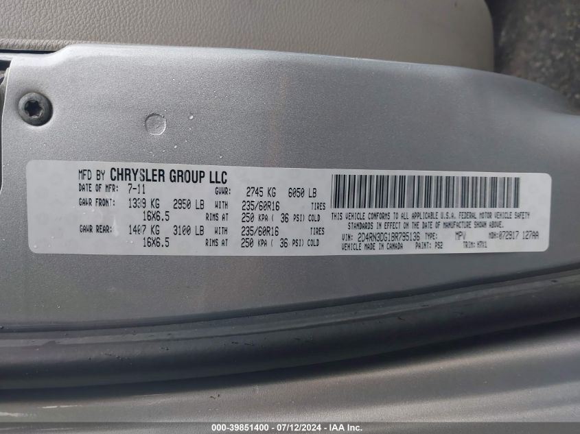 2011 Dodge Grand Caravan Express VIN: 2D4RN4DG1BR735136 Lot: 39851400