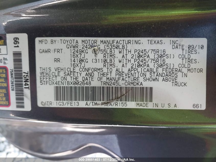 2011 Toyota Tacoma Access Cab VIN: 5TFUX4EN1BX002648 Lot: 39851403