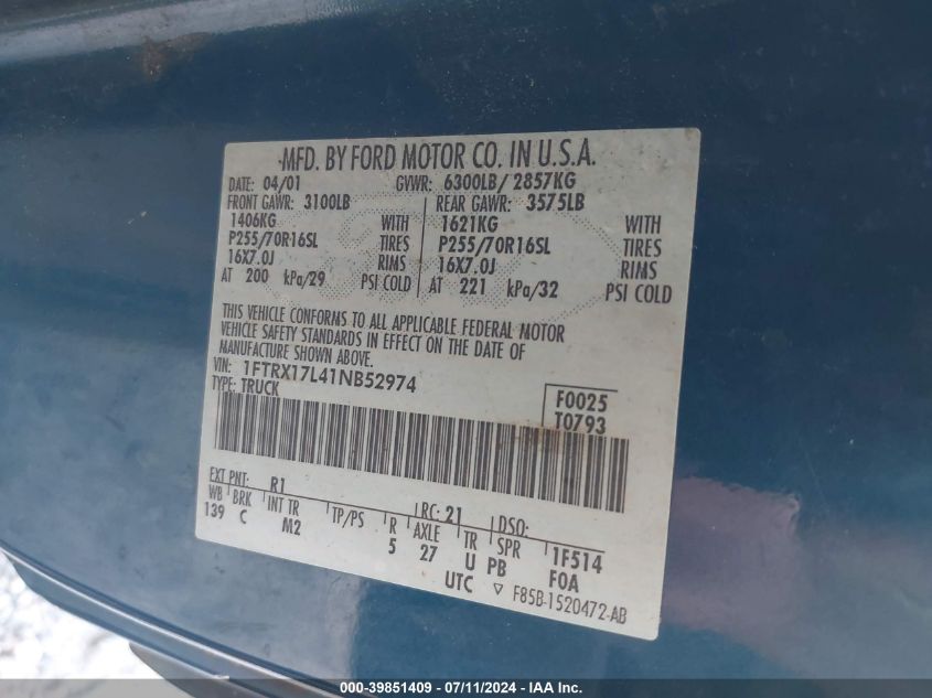 2001 Ford F-150 Lariat/Xl/Xlt VIN: 1FTRX17L41NB52974 Lot: 39851409