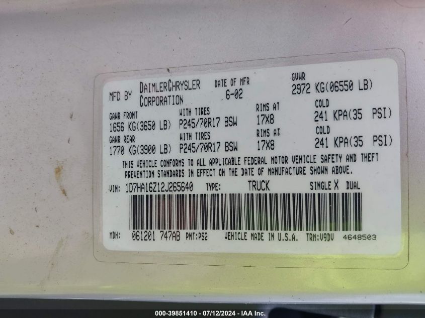 2002 Dodge Ram 1500 St VIN: 1D7HA16Z12J265640 Lot: 39851410