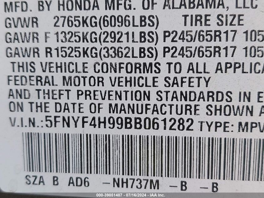 2011 Honda Pilot Touring VIN: 5FNYF4H99BB061282 Lot: 39851487