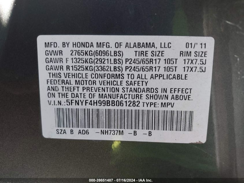 2011 Honda Pilot Touring VIN: 5FNYF4H99BB061282 Lot: 39851487