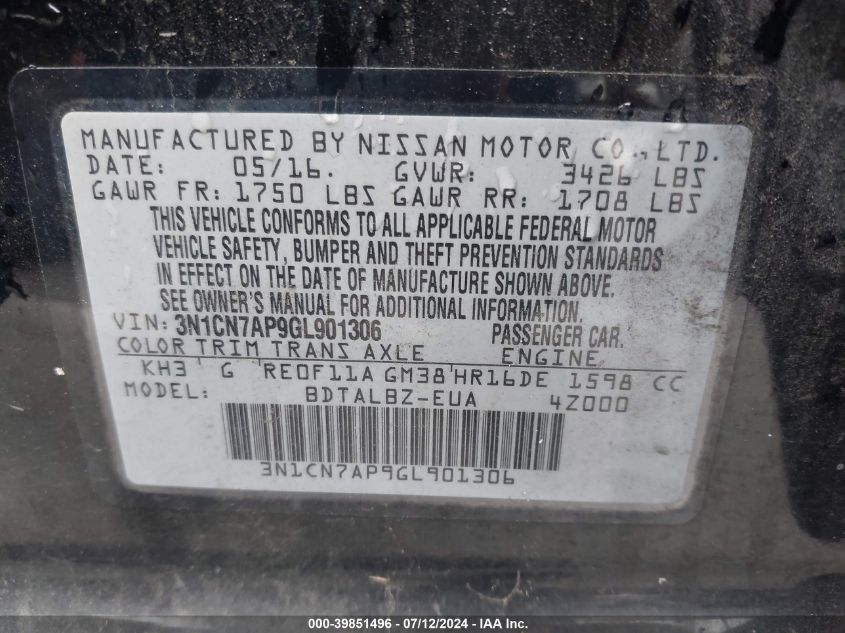 2016 Nissan Versa 1.6 Sv VIN: 3N1CN7AP9GL901306 Lot: 39851496