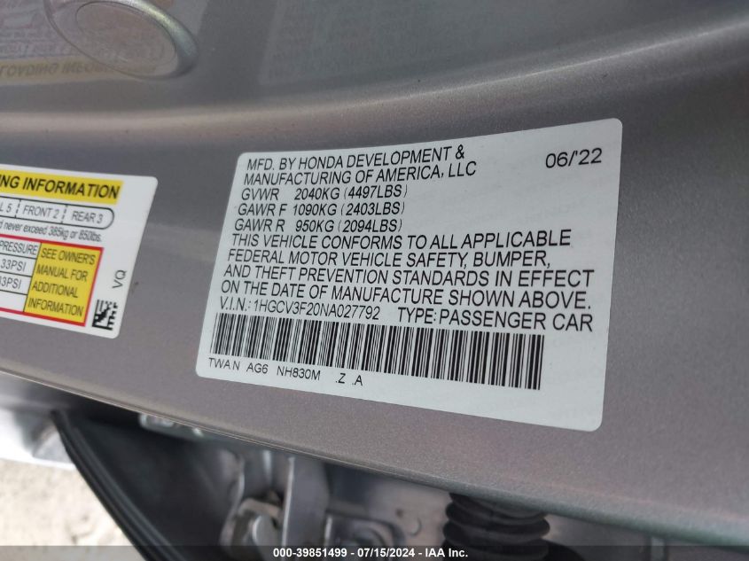 1HGCV3F20NA027792 2022 Honda Accord Hybrid Sport