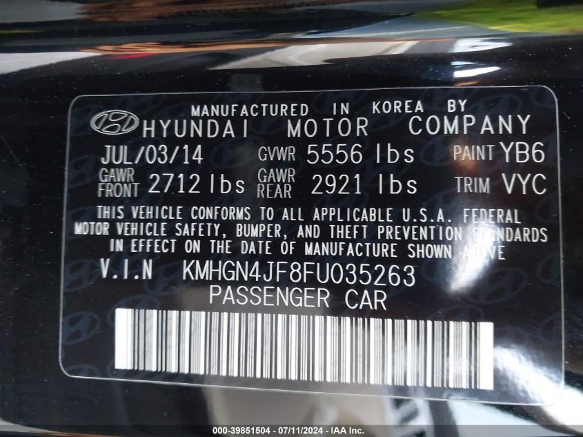 KMHGN4JF8FU035263 2015 Hyundai Genesis 5.0