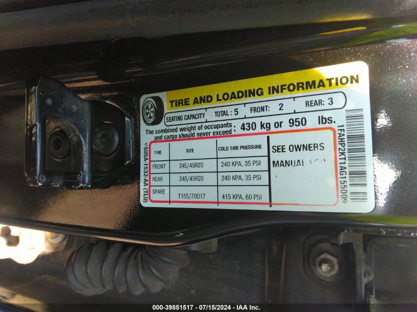 2010 Ford Taurus Sho VIN: 1FAHP2KT1AG155009 Lot: 39851517