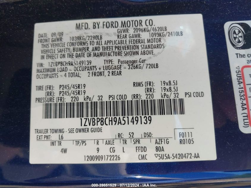 2010 Ford Mustang Gt/Gt Premium VIN: 1ZVBP8CH9A5149139 Lot: 39851529