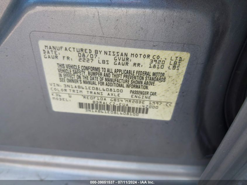 2008 Nissan Sentra 2.0 VIN: 3N1AB61E08L608100 Lot: 39851537