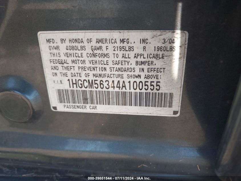 2004 Honda Accord 2.4 Lx VIN: 1HGCM56344A100555 Lot: 39851544