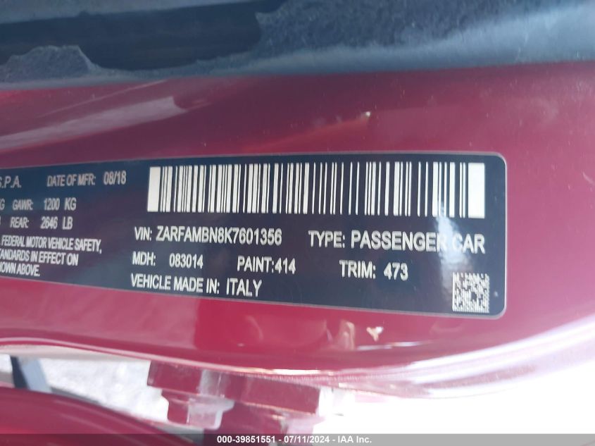 2019 Alfa Romeo Giulia Ti Sport Rwd VIN: ZARFAMBN8K7601356 Lot: 39851551