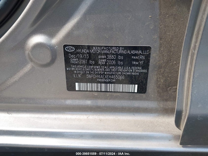 2014 Hyundai Elantra Se VIN: 5NPDH4AEXEH465066 Lot: 39851559