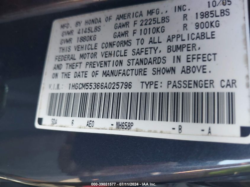 2006 Honda Accord 2.4 Se VIN: 1HGCM55366A025796 Lot: 39851577