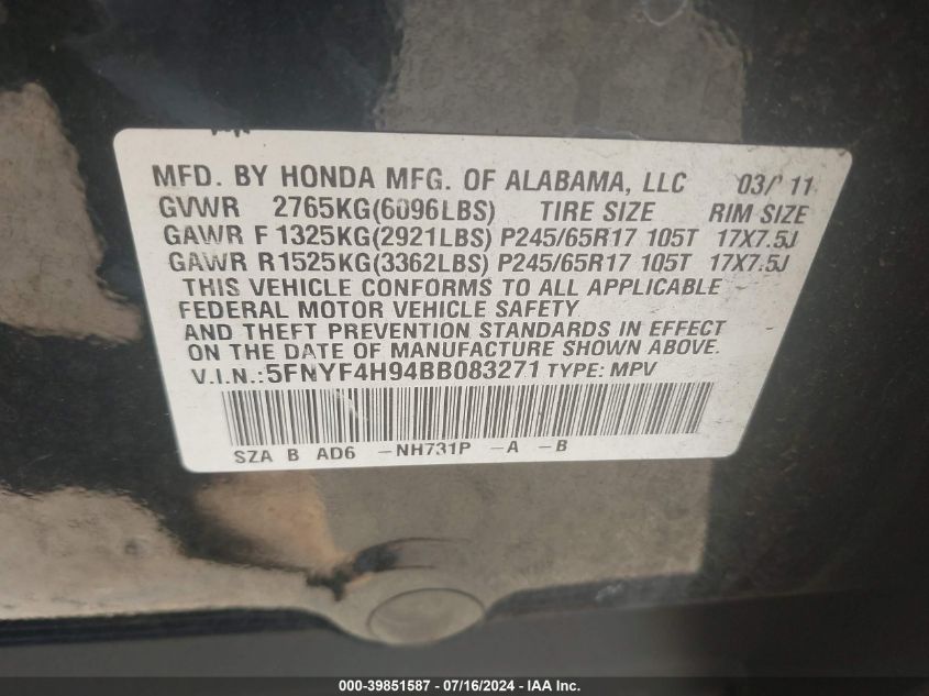 2011 Honda Pilot Touring VIN: 5FNYF4H94BB083271 Lot: 39851587