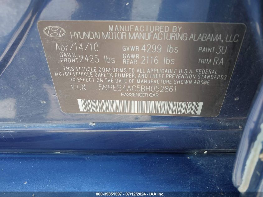 2011 Hyundai Sonata Gls VIN: 5NPEB4AC5BH052861 Lot: 39851597
