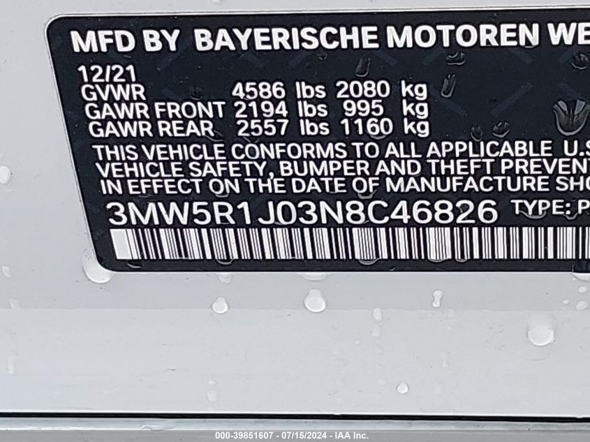 2022 BMW 330I VIN: 3MW5R1J03N8C46826 Lot: 39851607