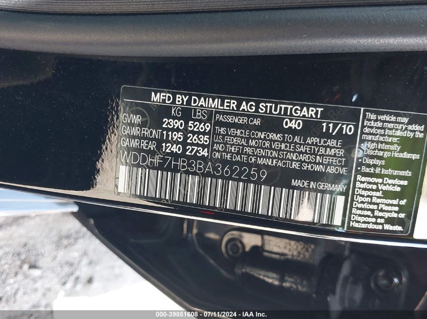 2011 Mercedes-Benz E 63 Amg VIN: WDDHF7HB3BA362259 Lot: 39851608