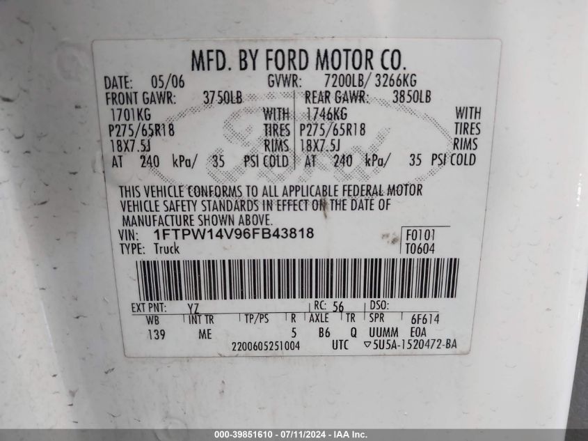 2006 Ford F-150 Fx4/Lariat/Xlt VIN: 1FTPW14V96FB43818 Lot: 39851610