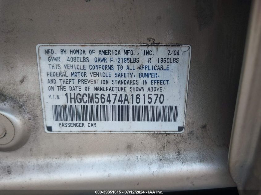2004 Honda Accord 2.4 Lx VIN: 1HGCM56474A161570 Lot: 39851615
