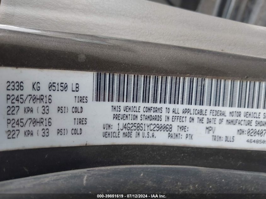 2000 Jeep Grand Cherokee Limited VIN: 1J4G258S1YC290068 Lot: 39851619