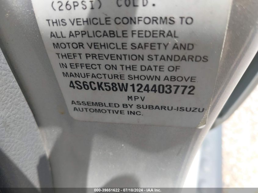 2002 Honda Passport Ex/Lx VIN: 4S6CK58W124403772 Lot: 39851622