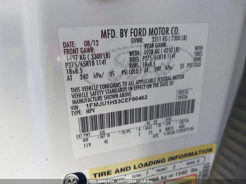 2012 Ford Expedition Xlt VIN: 1FMJU1H53CEF66462 Lot: 39851624