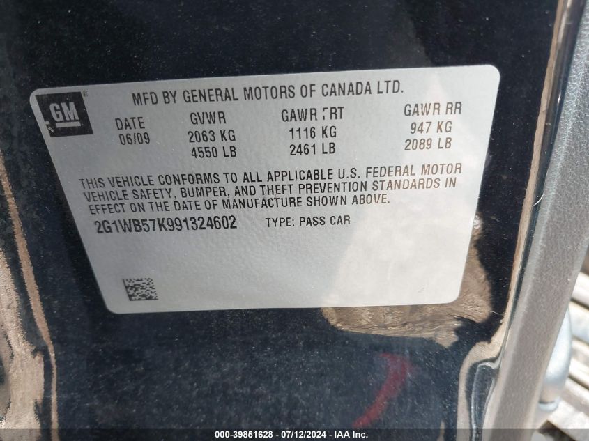 2009 Chevrolet Impala Ls VIN: 2G1WB57K991324602 Lot: 39851628