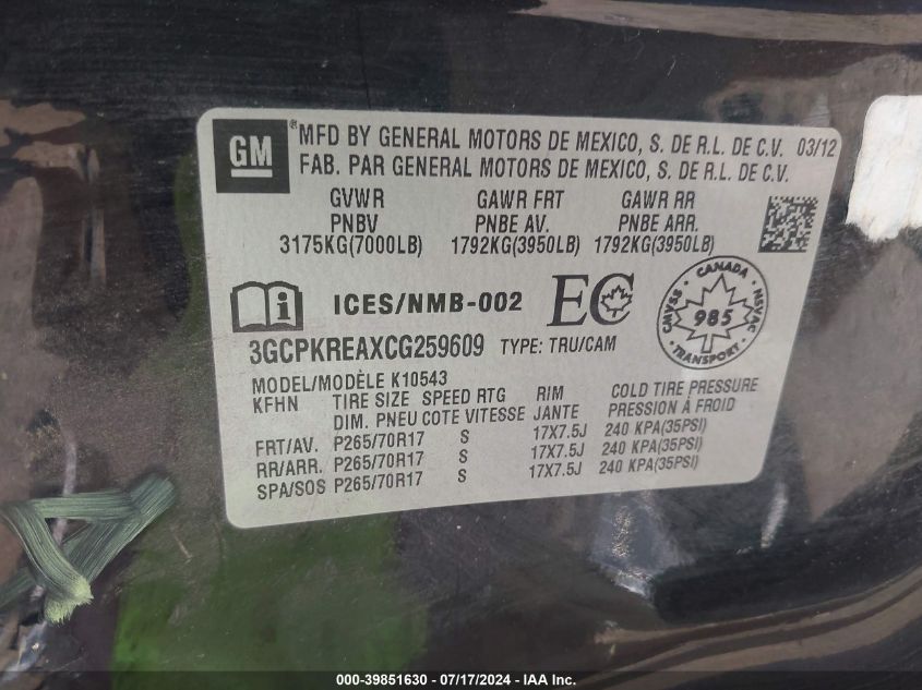 2012 Chevrolet Silverado 1500 Ls VIN: 3GCPKREAXCG259609 Lot: 39851630