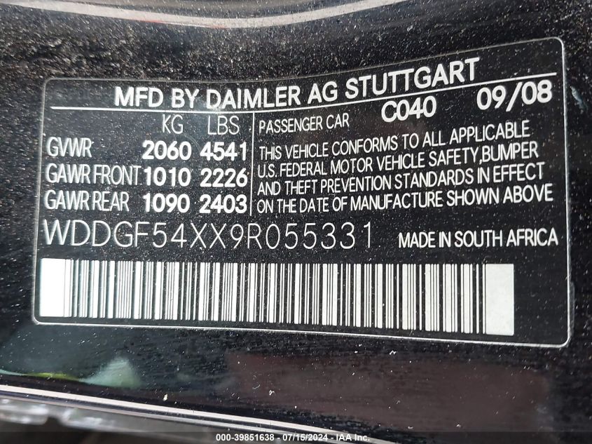 2009 Mercedes-Benz C 300 Luxury/Sport VIN: WDDGF54XX9R055331 Lot: 39851638