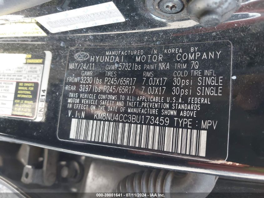 2011 Hyundai Veracruz Gls VIN: KM8NU4CC3BU173459 Lot: 39851641