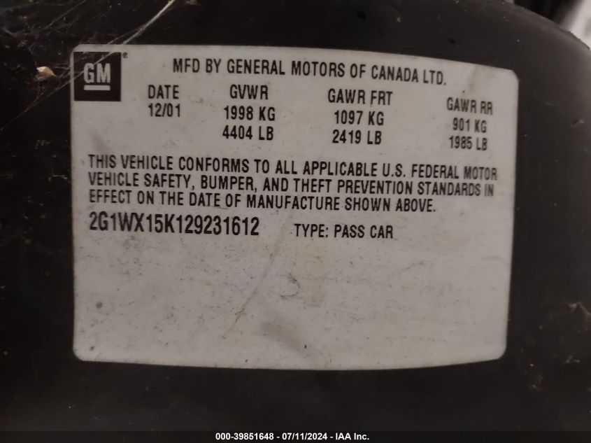 2002 Chevrolet Monte Carlo Ss VIN: 2G1WX15K129231612 Lot: 39851648