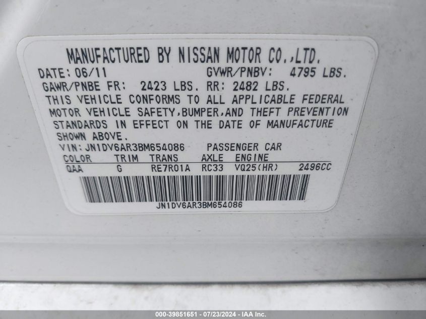 2011 Infiniti G25X VIN: JN1DV6AR3BM654086 Lot: 39851651