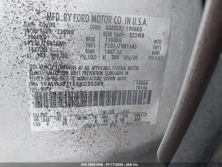 2003 Ford Escape Xlt VIN: 1FMYU03113KC25589 Lot: 39851656