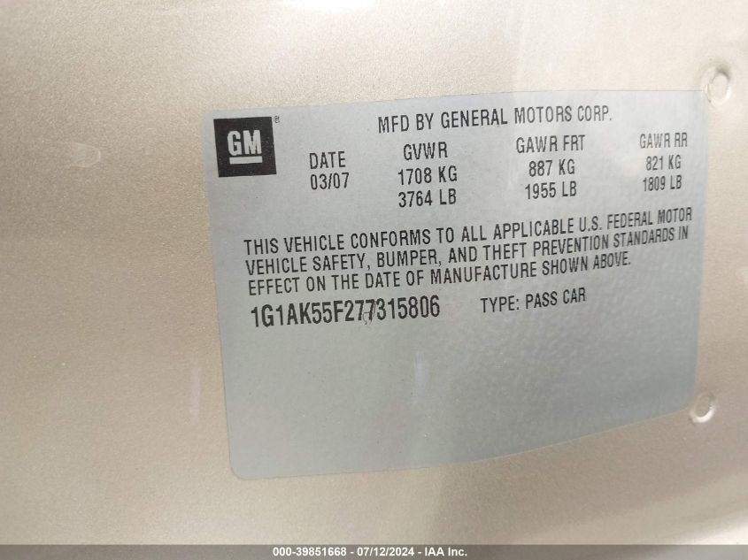2007 Chevrolet Cobalt Ls VIN: 1G1AK55F277315806 Lot: 39851668