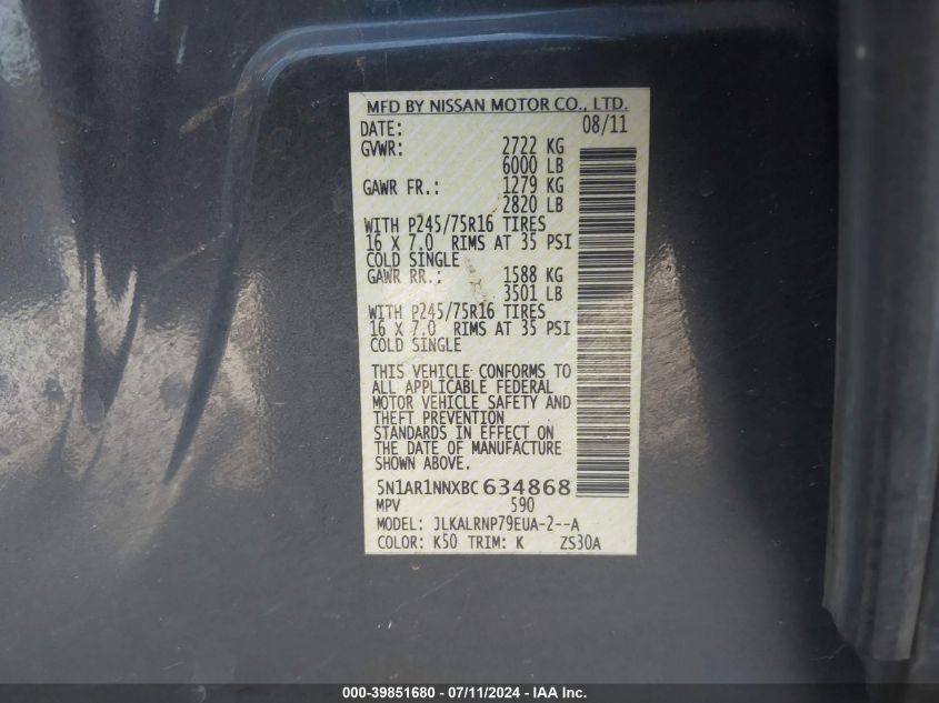 2011 Nissan Pathfinder S VIN: 5N1AR1NNXBC634868 Lot: 39851680