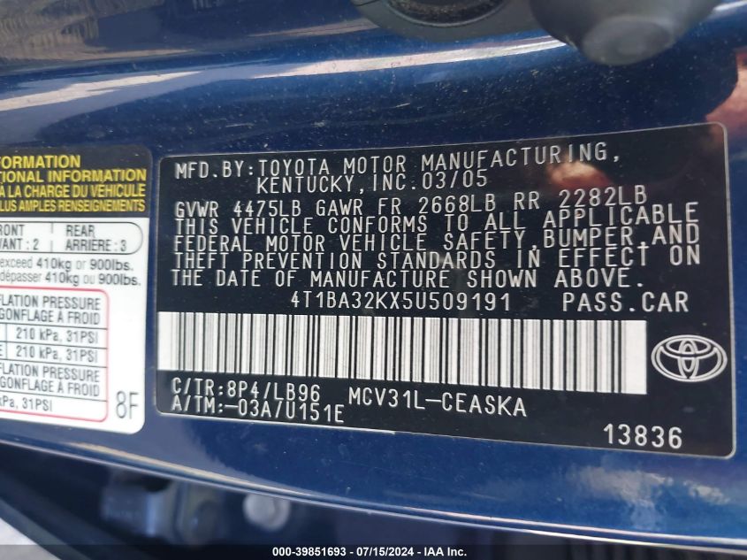 2005 Toyota Camry Se V6 VIN: 4T1BA32KX5U509191 Lot: 39851693