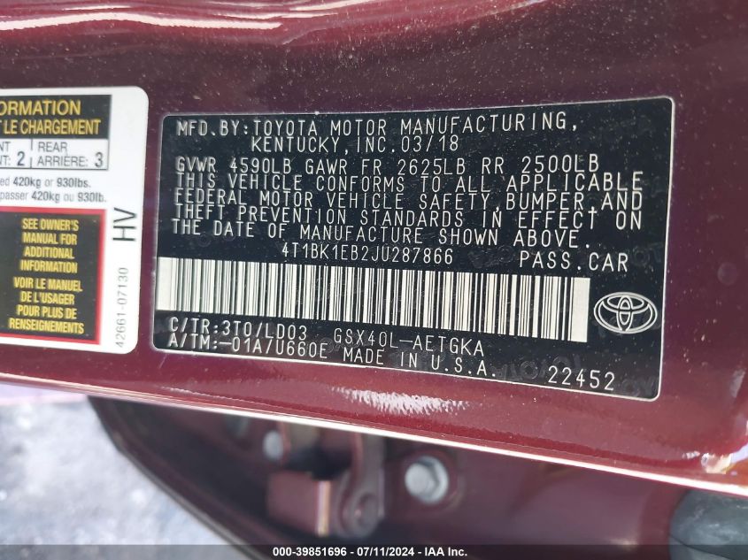 2018 Toyota Avalon Xle VIN: 4T1BK1EB2JU287866 Lot: 39851696