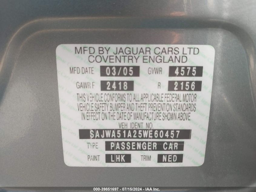 2005 Jaguar X-Type 3.0 VIN: SAJWA51A25WE60457 Lot: 39851697