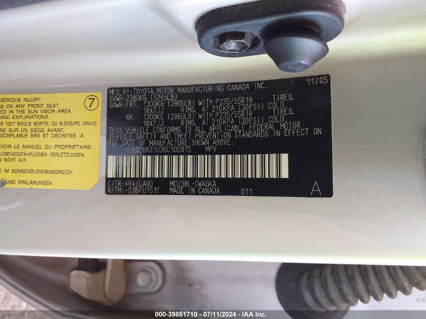 2006 Lexus Rx 330 VIN: 2T2HA31U36C100915 Lot: 39851710